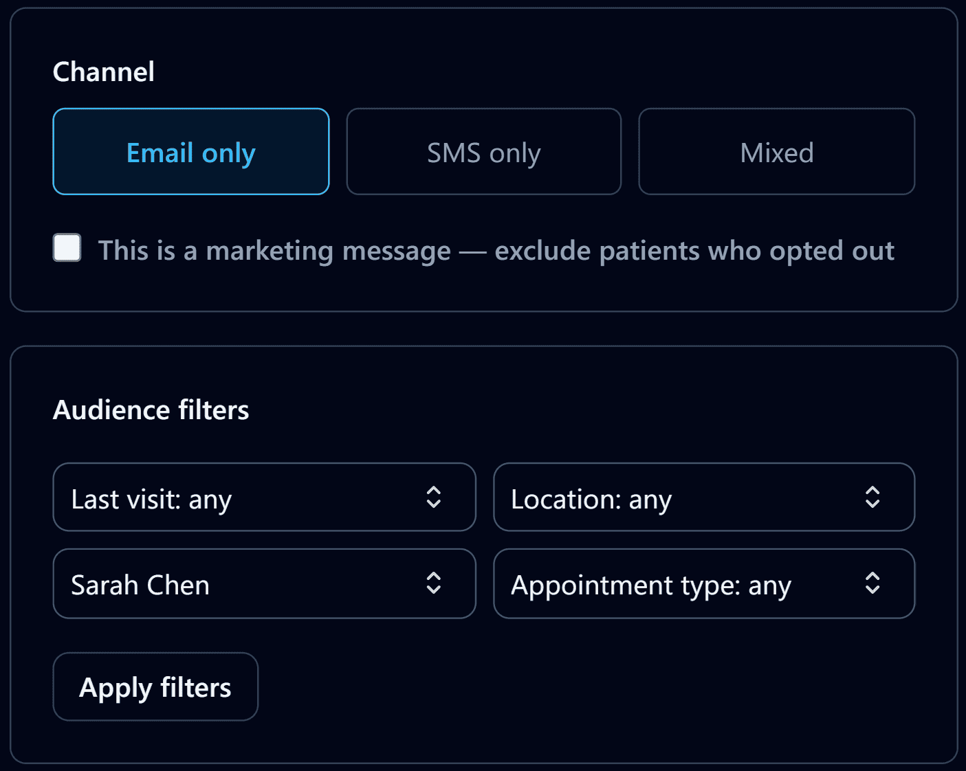Broadcast composer showing channel selection and audience filters by last visit, location, patient and appointment type
