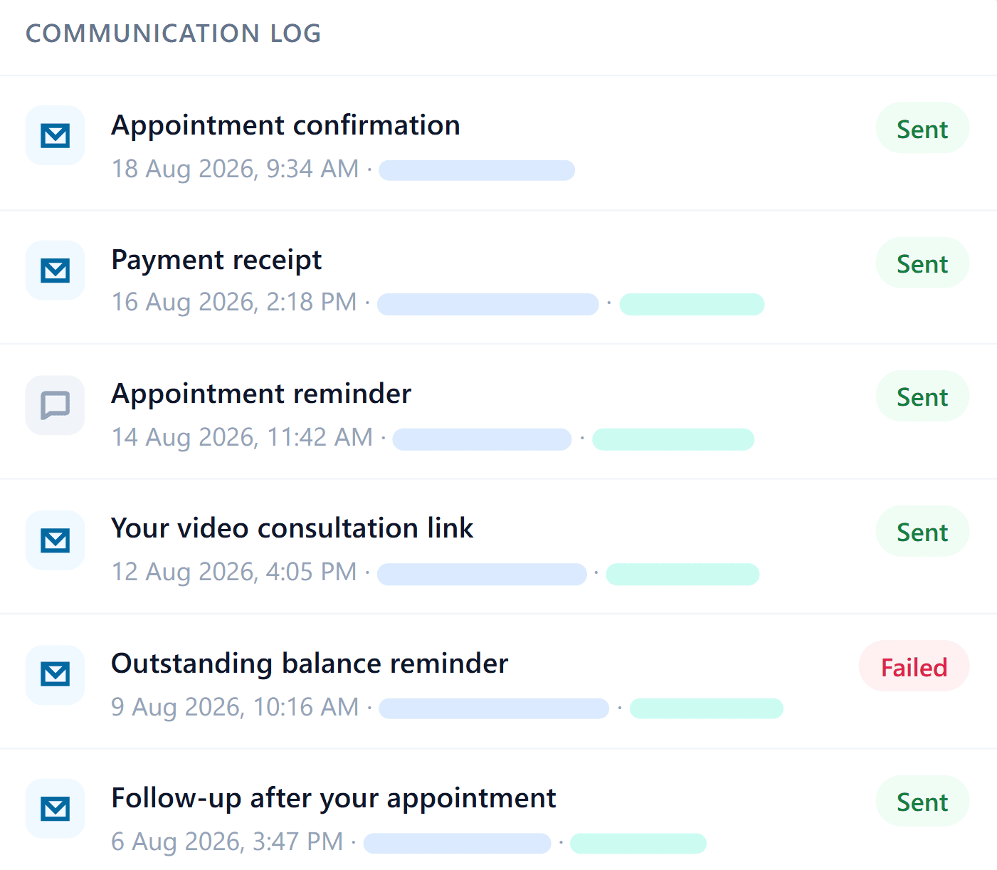 Communication log showing appointment confirmations, receipts, reminders, and a failed message, each timestamped