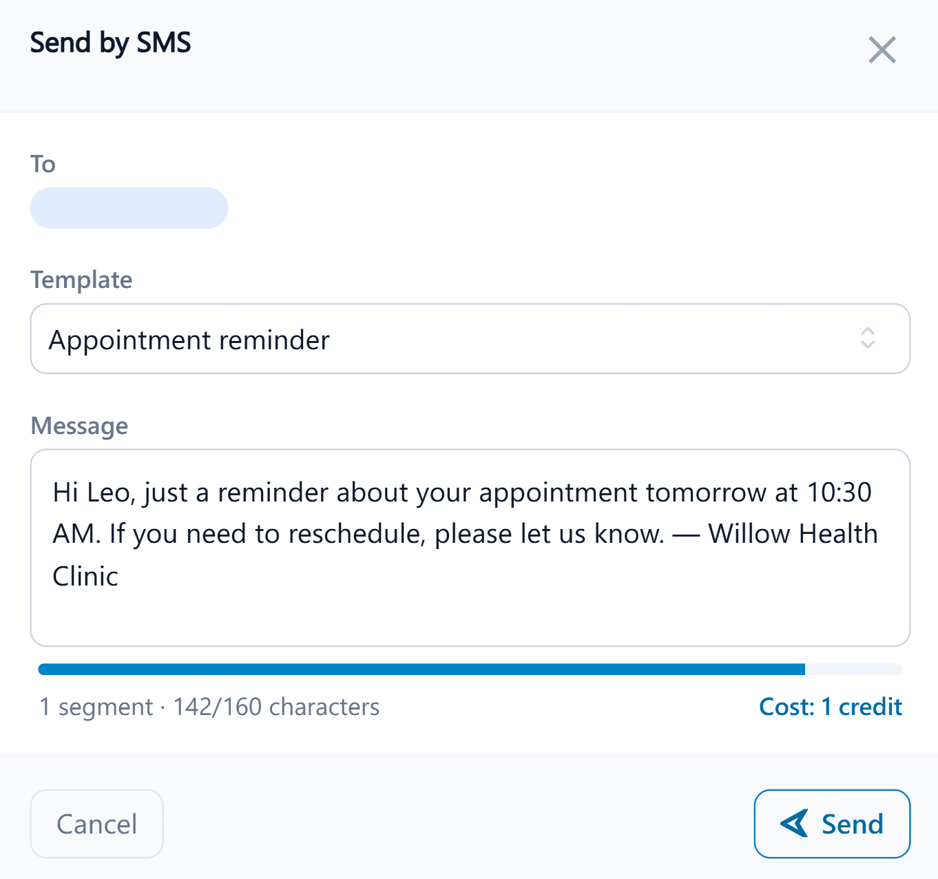 Send by SMS composer showing a template, message, live character count, and cost