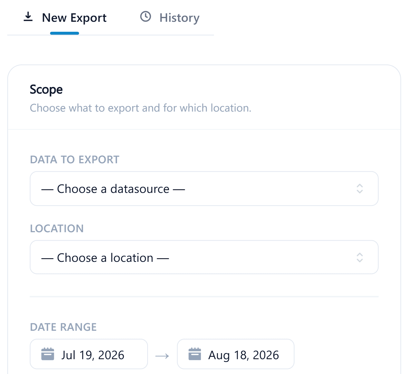 Data export screen with datasource selection