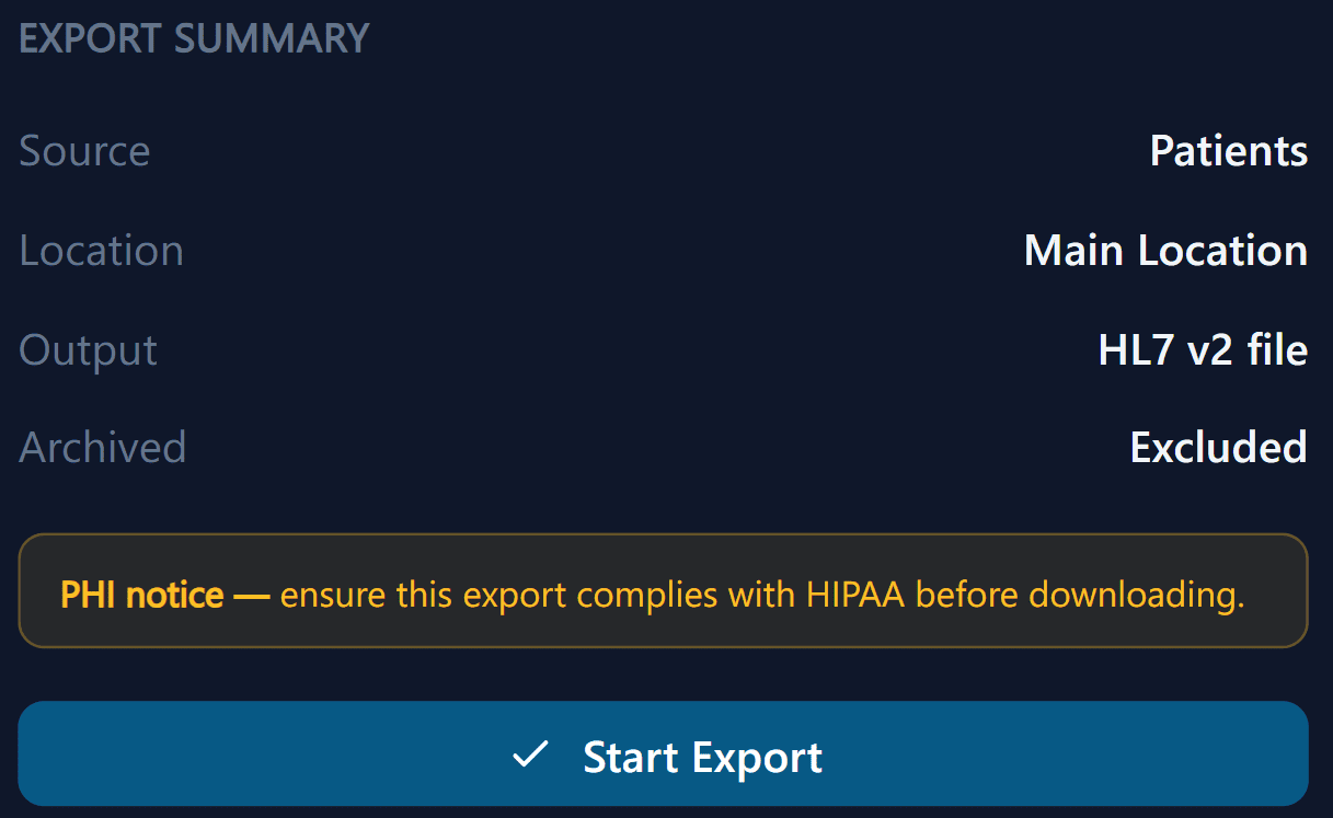 Export summary with PHI notice before download