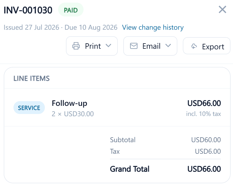 Paid invoice with line items, tax, and grand total