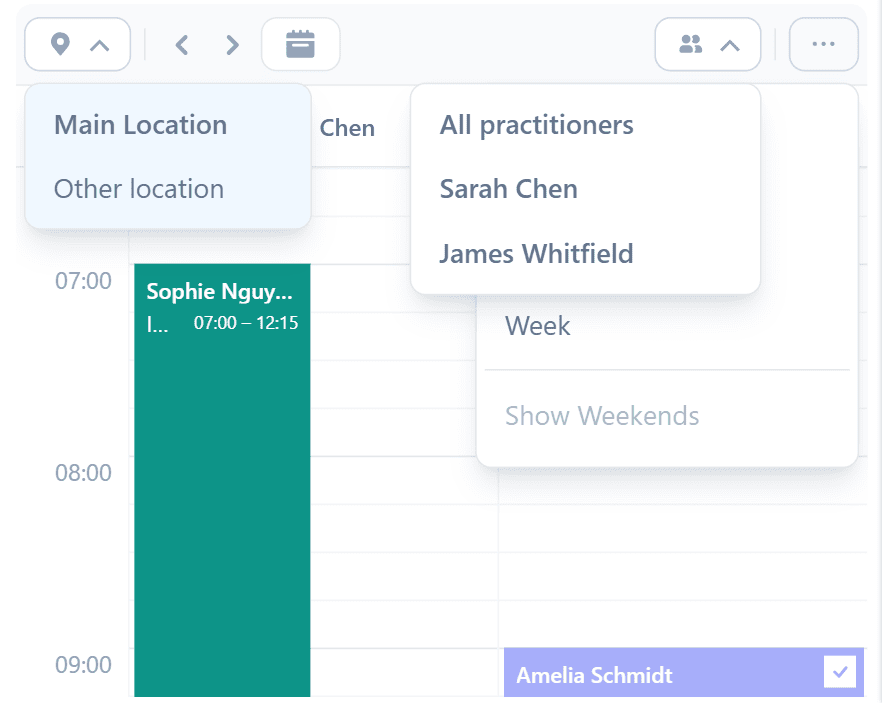 Multi-practitioner calendar with location and practitioner filters