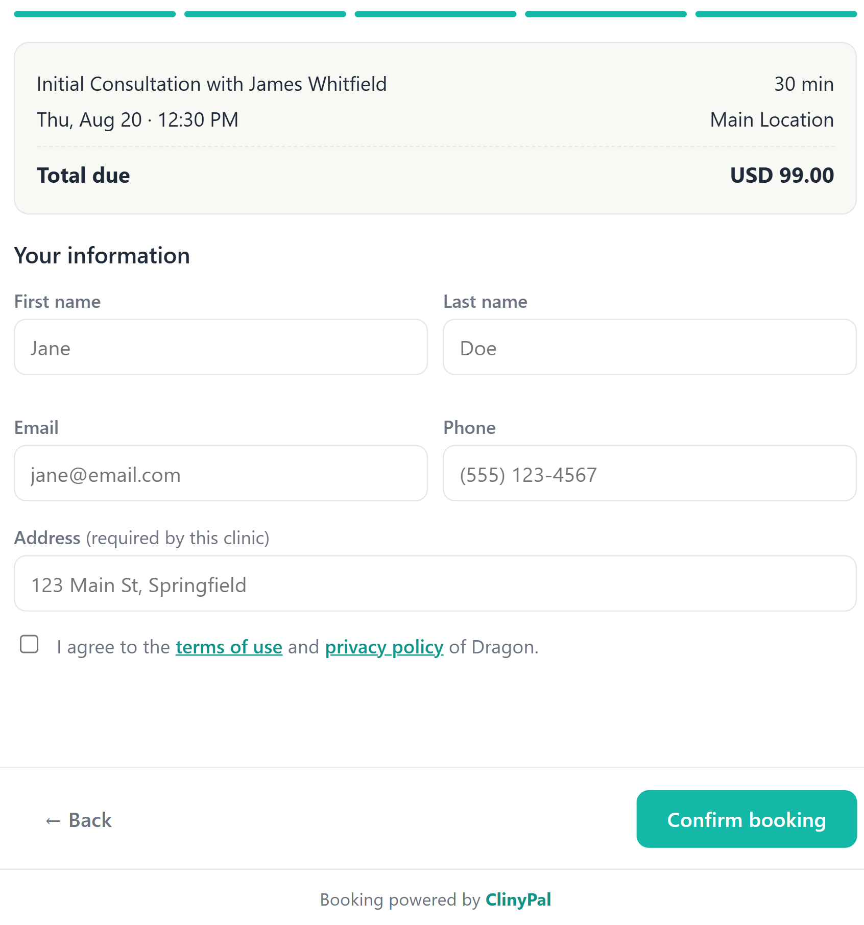 Online booking checkout with appointment summary and deposit due