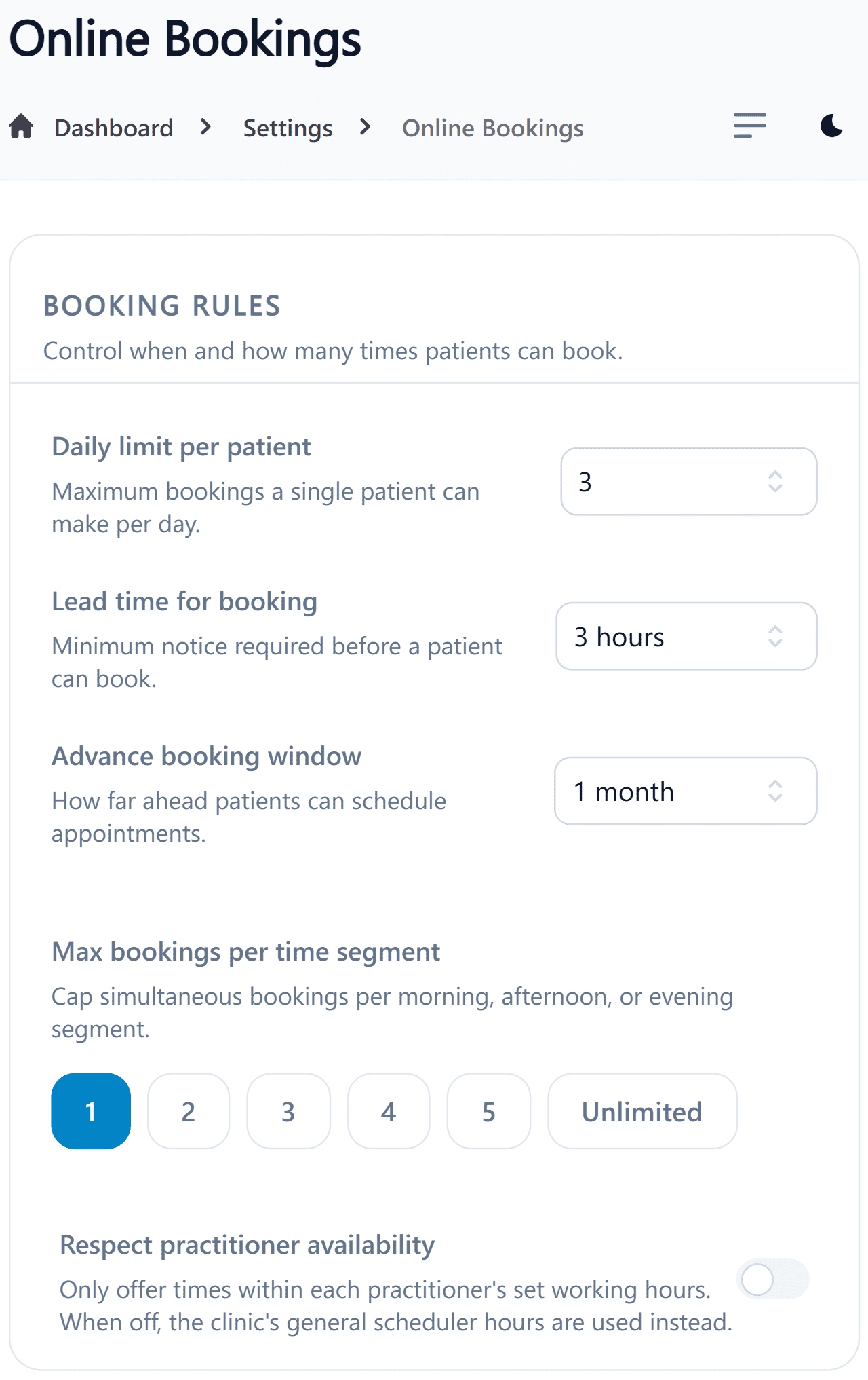 Online booking rules settings: daily limit, lead time, advance booking window
