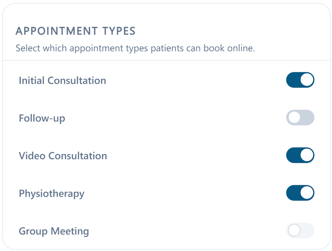 Appointment types toggled on or off for online booking