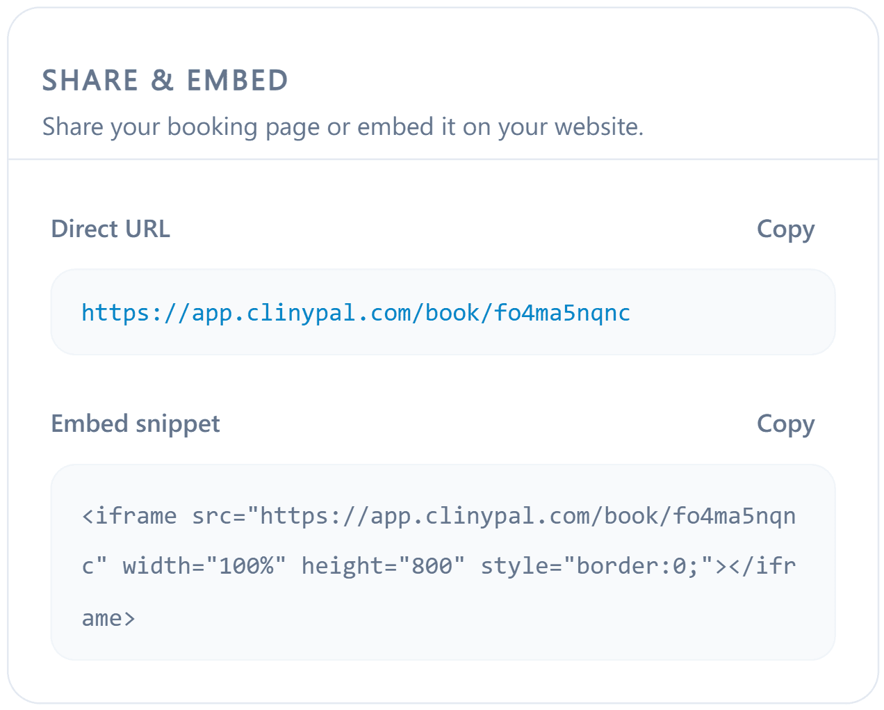 Share and embed panel with booking page URL and iframe snippet
