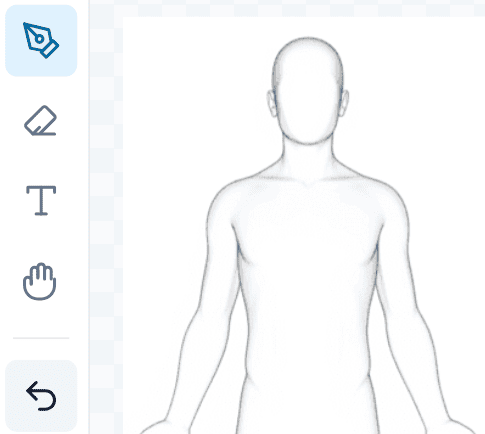 Body chart tool showing the annotation panel with a body outline