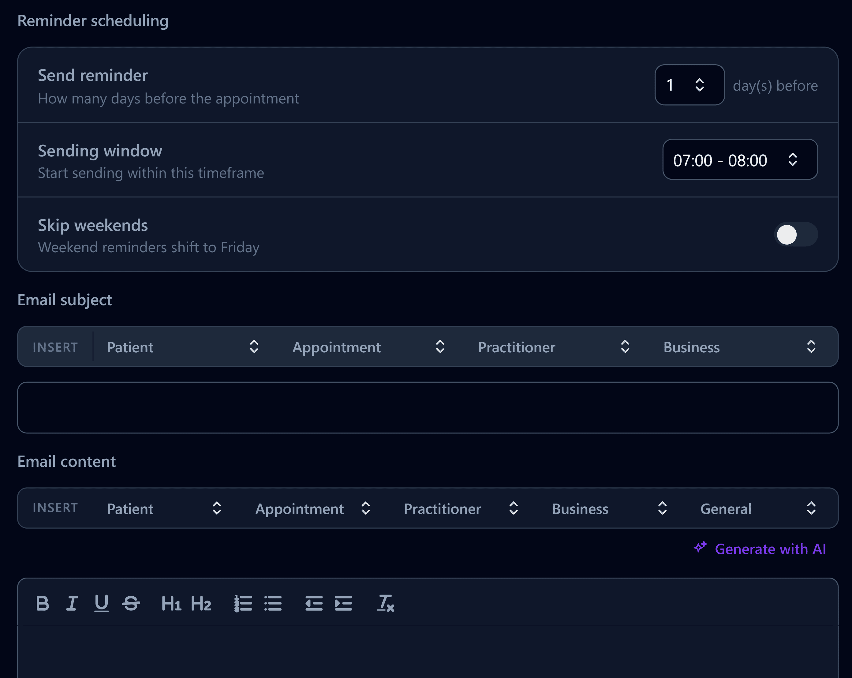 Reminder email template editor with merge fields for patient, appointment, practitioner, and business details