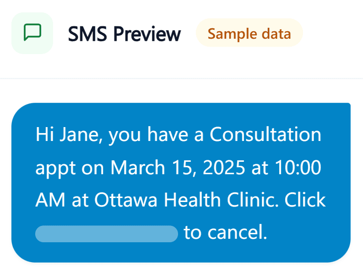SMS preview showing a sample confirmation text message to a patient